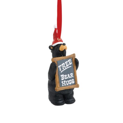 Black bear ornament holding a 'Free Bear Hugs' sign with a red ribbon.
