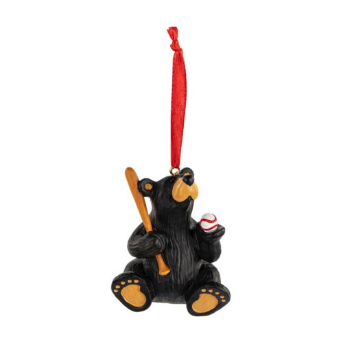 Black bear ornament holding a baseball bat with a red hanging ribbon.