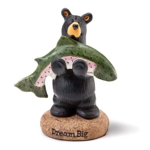 A cute bear figurine holding a green fish.