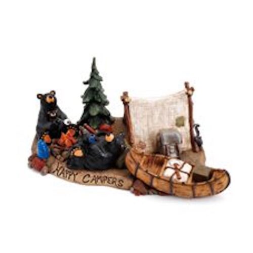 Miniature winter camp scene with bears and a sled.