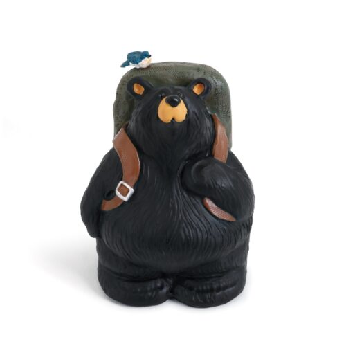 A cute black bear figurine with a small fish on its head and a backpack.