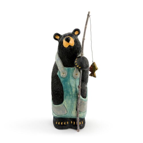 A bear figurine holding a fishing rod with a fish.