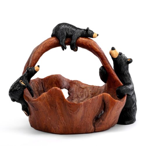 Decorative wooden basket with black bear carvings.