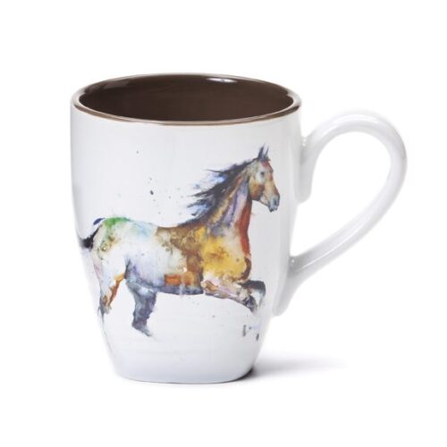 White ceramic mug with horse illustration and brown interior.