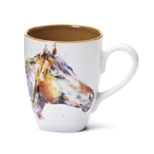 White ceramic mug with a horse head illustration and a gold rim.