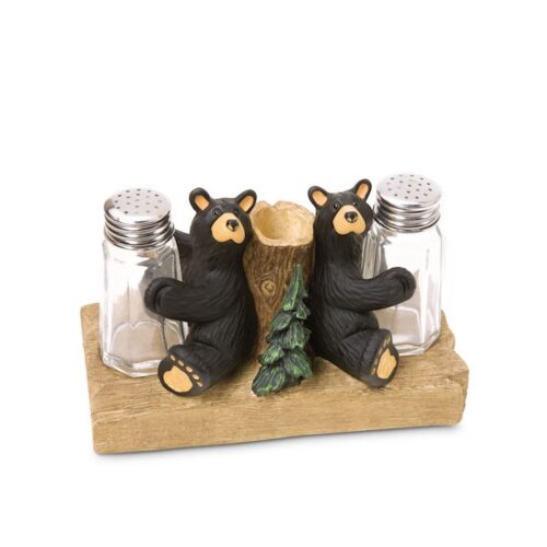 Bear-themed salt and pepper shaker set with a wooden base.