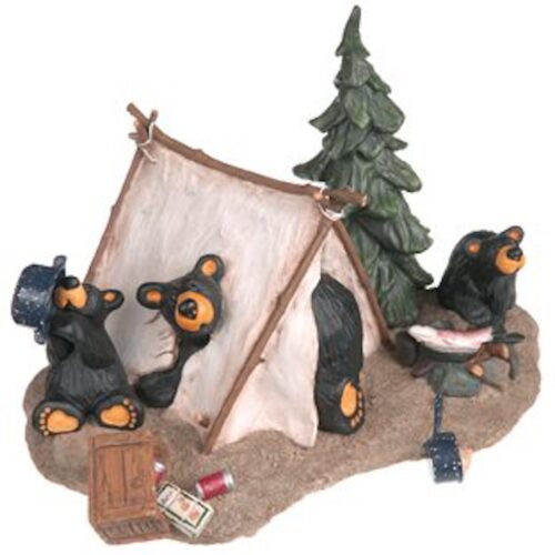 A bear family camping with a tent and a tree.