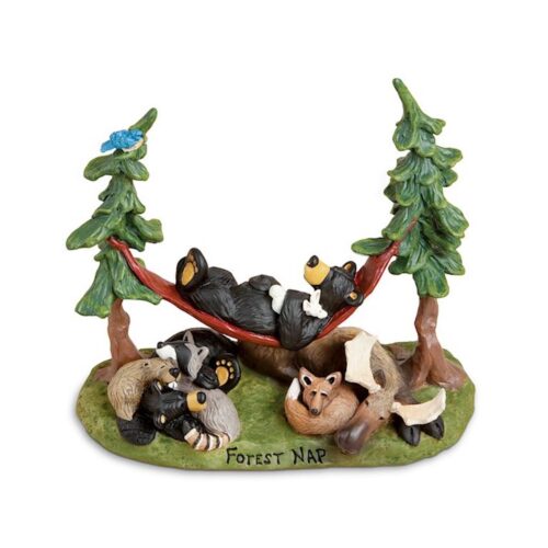 Figurine of raccoons relaxing in a hammock between two trees.