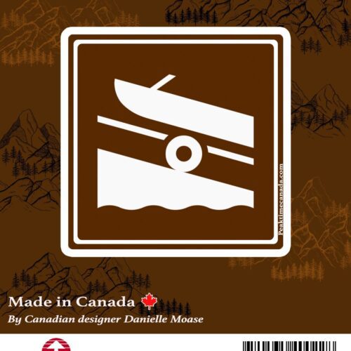 Brown sign depicting a canoe launching into water.