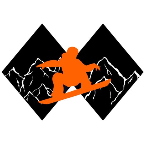 Silhouette of a snowboarder jumping against a mountain backdrop inside diamond shapes.