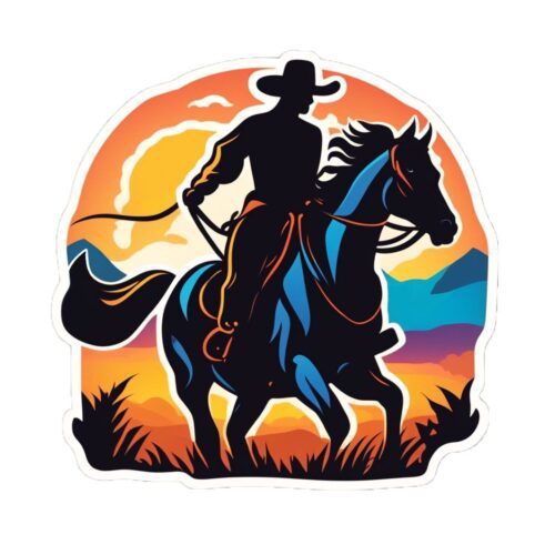 Silhouette of a cowboy riding a horse at sunset.