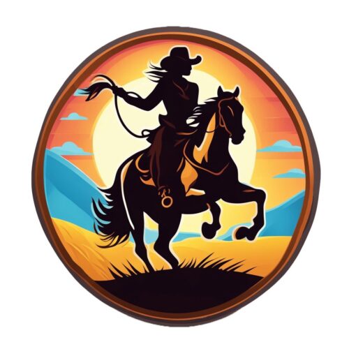 Silhouette of a cowboy on horseback against a sunset background.
