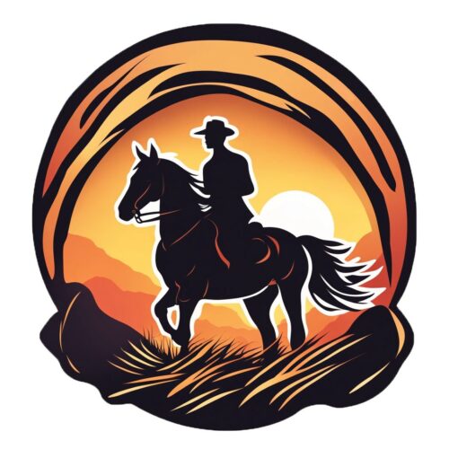 Silhouette of a cowboy riding a horse at sunset.