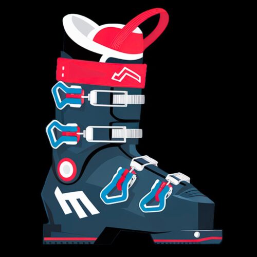 Colorful ski boot with red, blue, and black design.