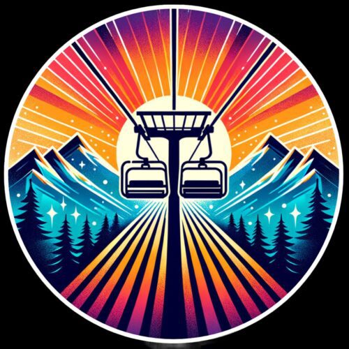 Colorful circular design of a ski lift over mountains and trees.