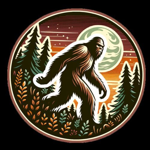Artistic depiction of Bigfoot in a forest under a glowing moon.