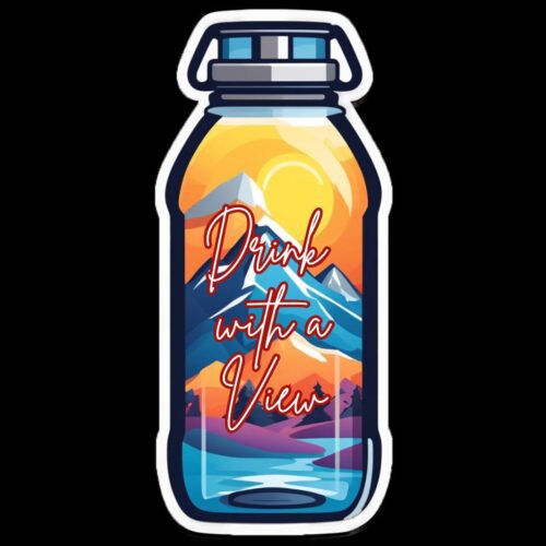 Bottle-shaped design with a sunset and mountain scene inside, text reads 'Do Good with our Heart'.