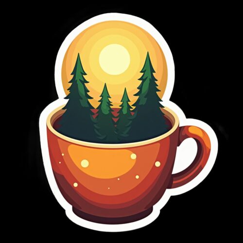 A cup filled with a forest and sun inside it, blending nature and coffee.