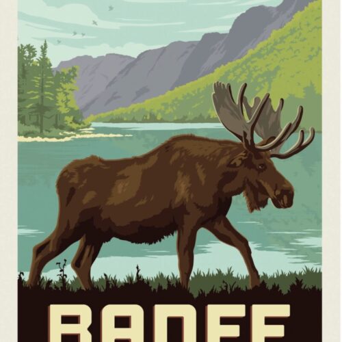 Vintage poster of a moose by a lake with mountains in the background.