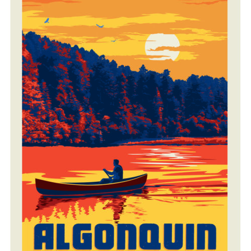 A person in a canoe on Algonquin Lake during sunset.