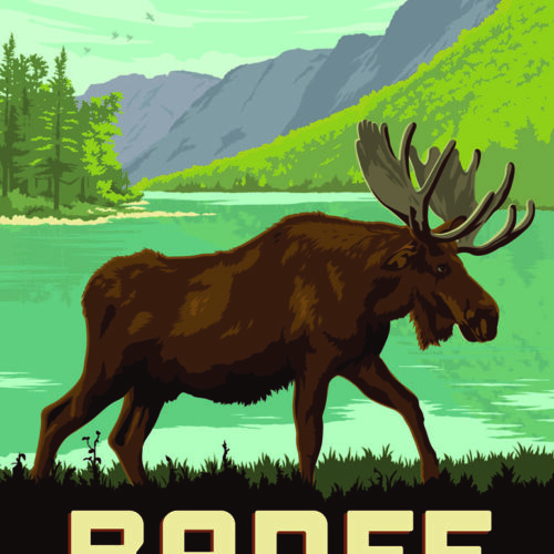 Illustration of a moose near a green lake with mountains.