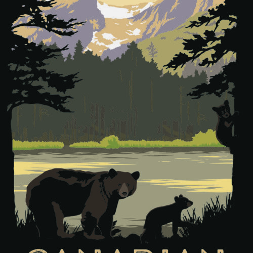 Illustration of a bear by a lakeside surrounded by trees at sunset.