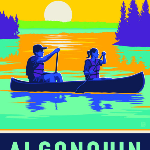 Two people canoeing at sunset in a vibrant, stylized landscape.