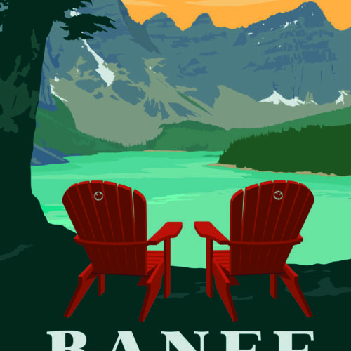 Two red chairs overlook a tranquil lake and mountain scenery at sunset.