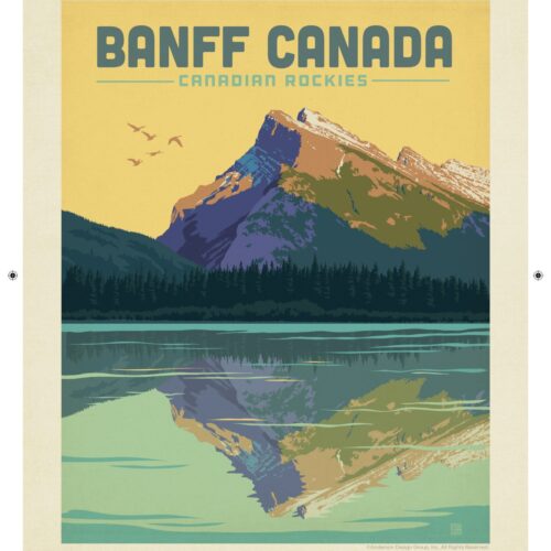 Vintage-style poster of Banff, Canada, featuring a mountain reflected in a lake.