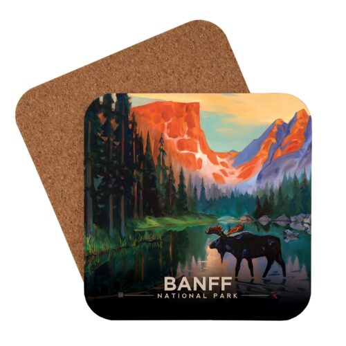 Coaster with Banff National Park mountain and moose design.