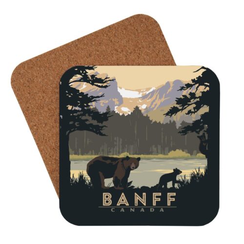 Rustic Banff-themed coaster with bear and mountain design.