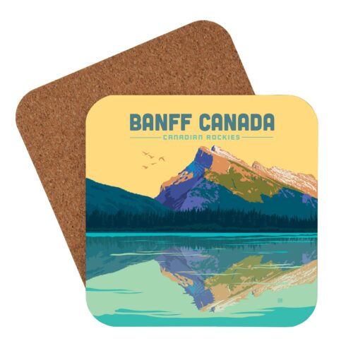 Coaster featuring Banff, Canada with mountain and lake reflection.