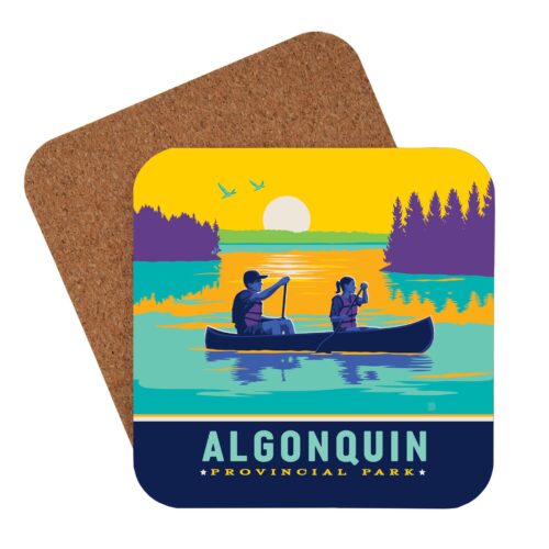 Coaster featuring two people canoeing on a lake at Algonquin Provincial Park.