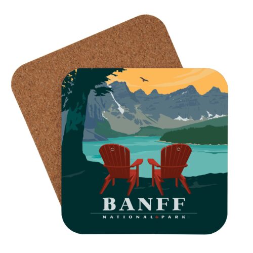 Banff souvenir coaster with scenic mountain and lake view.