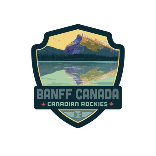 Badge logo of Banff, Canada featuring mountains and a lake.