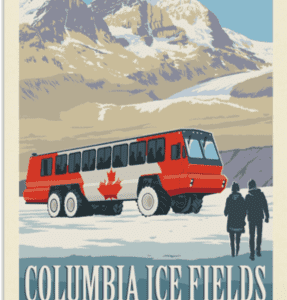 Red tour bus with Canadian maple leaf near snowy mountains.