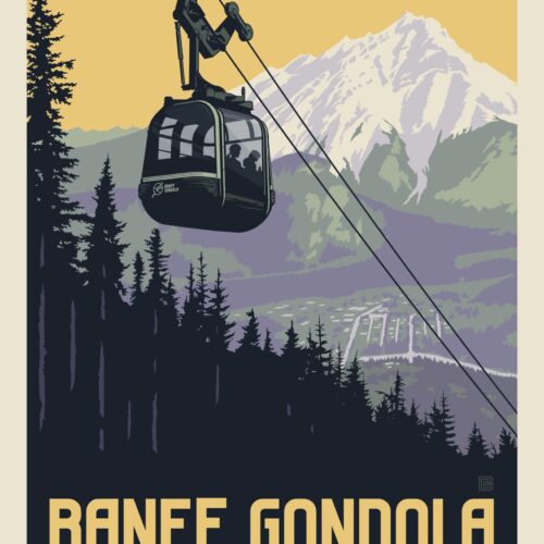 Vintage poster of Banff Gondola with mountain backdrop.