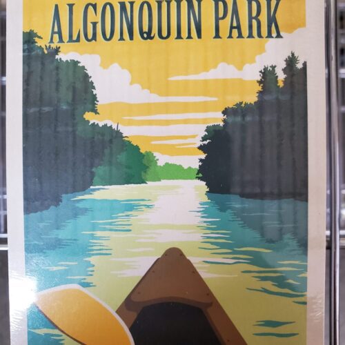 Vintage poster of Algonquin Park with a canoe on a river at sunset.
