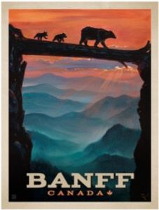 Silhouettes of bears against a vibrant mountain sunset in Banff.