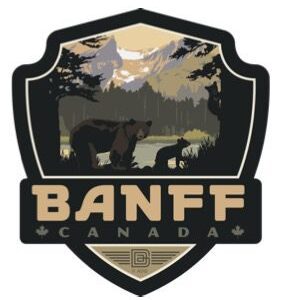 Banff, Canada emblem with bears and mountain scenery.