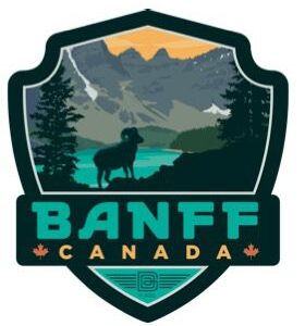 Banff Canada logo with mountain, forest, and moose.