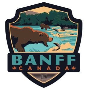Illustration of a moose fishing in a river with Banff, Canada text.
