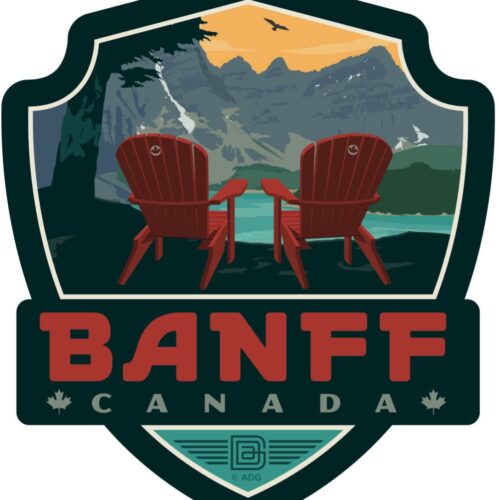Two chairs overlooking mountains with Banff, Canada text.