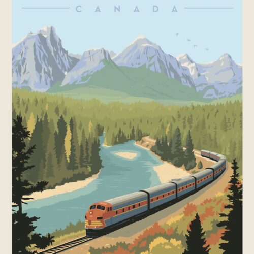A train winding through a scenic mountain valley with a river.