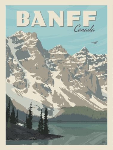 Vintage poster of Banff, Canada with snowy mountains and a lake.