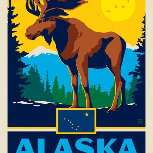 Illustrated poster of a moose in Alaska's wilderness at sunset.
