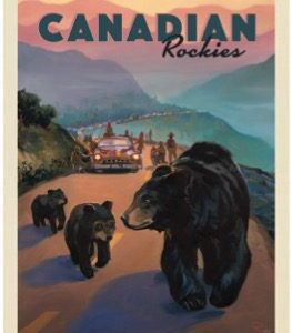 Vintage Canadian Rockies travel poster featuring a bear family on a mountain road.