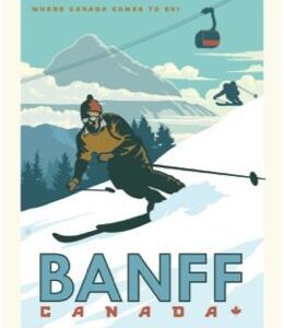 Vintage poster of a skier in Banff mountains.