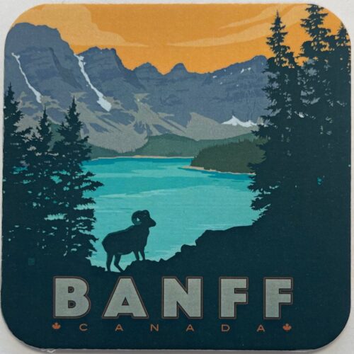 Retro-style Banff poster with mountain, lake, and elk silhouette.