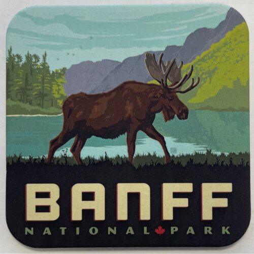 Vintage-style Banff National Park poster featuring a moose by a lake.